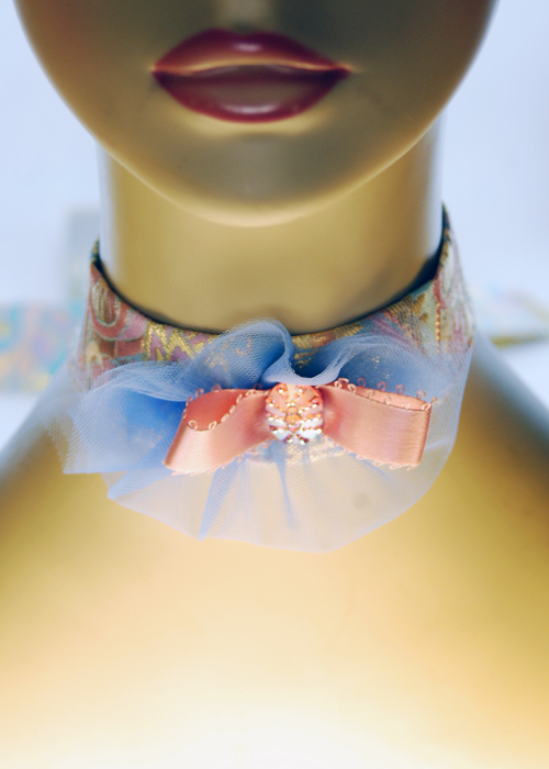Blue tulle and vintage pink ribbon brocade choker.  At:  http://madamexapparel.storenvy.com